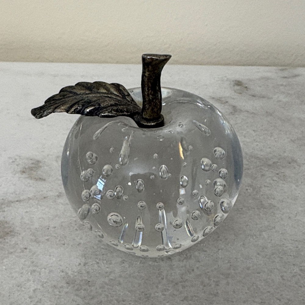 Clear Glass Apple Paperweight with Metal Leaf